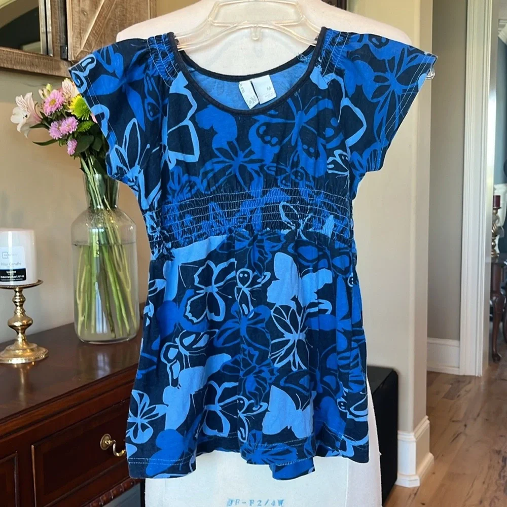 Retro Blue Butterfly Cotton Flowy Top